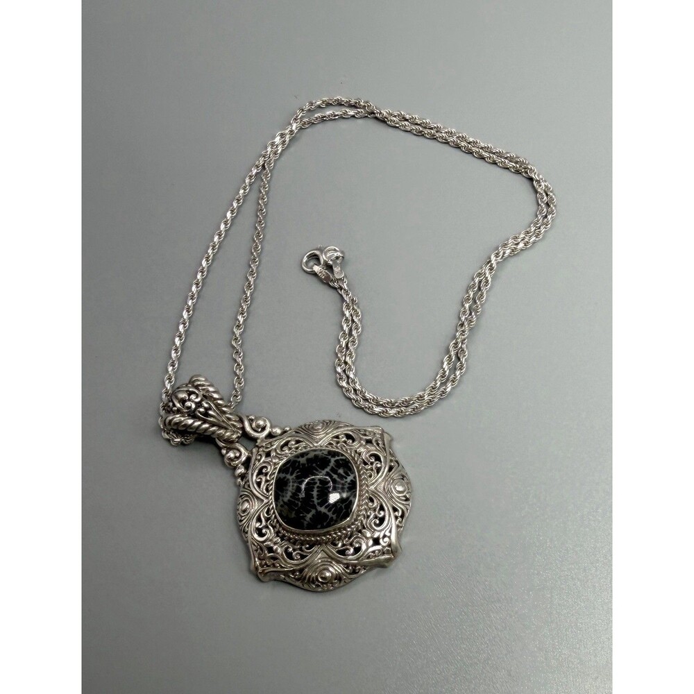 Artisan of Bali SARDA 925 Sterling Silver Black Coral Pendant Necklace - Picture 2 of 10